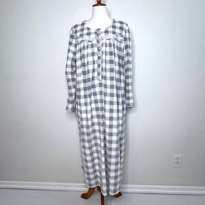LANZ Of SALZBURG Fleece Long Nightgown MED Gray Plaid Lace Trim Cottage Core